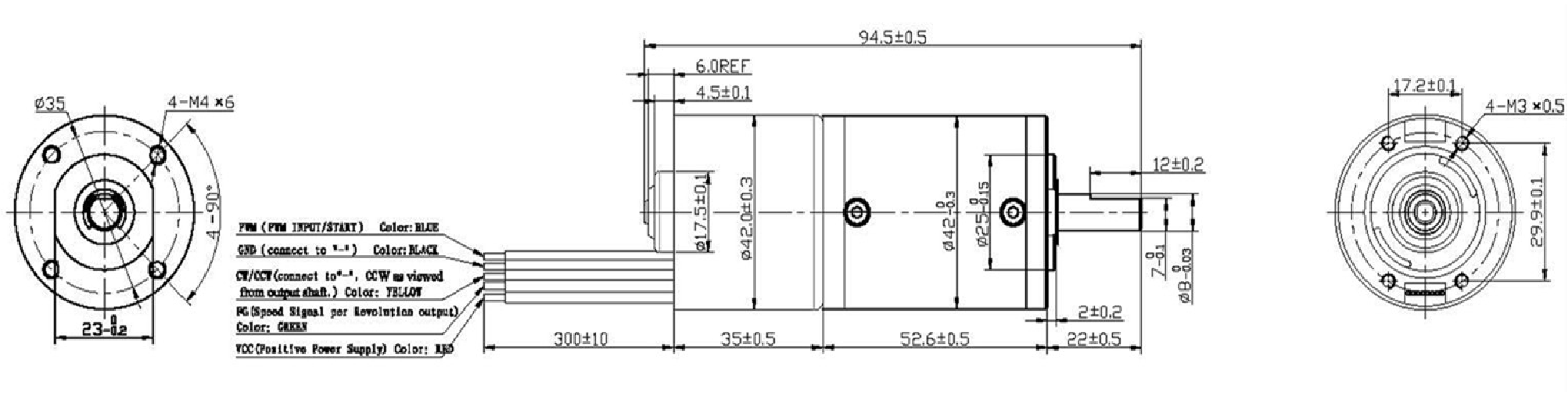 LHBLG4235 Series 42mm brushless DC gear motor dimensional drawing and structural layout
