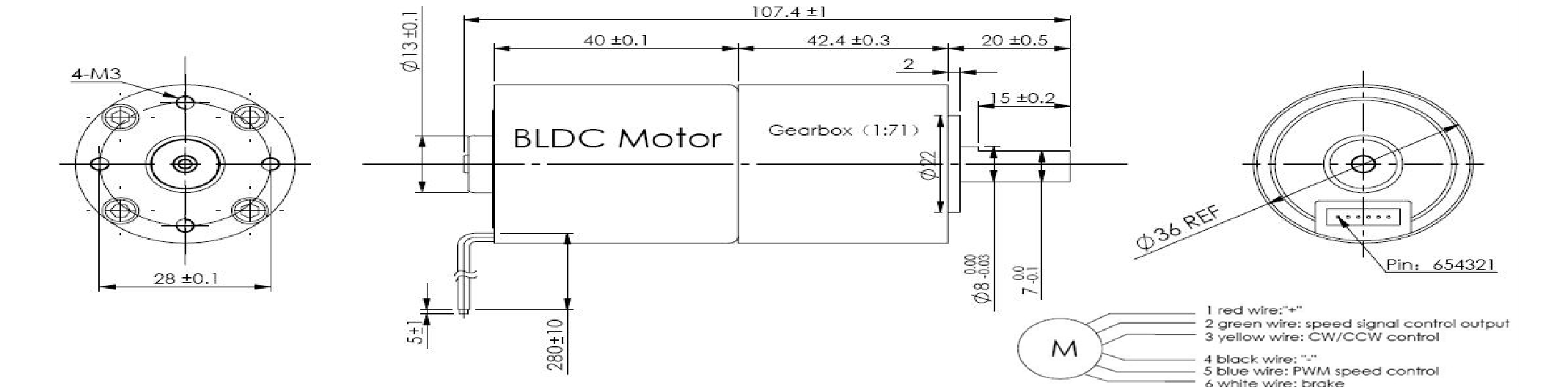 LHBLG3640 Series 36MM High Torque Brushless DC Gear Motor Side Profile